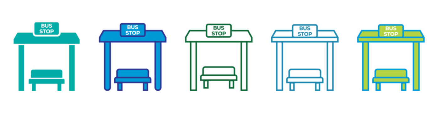 Bus stop station bench different line styles and transportation signs isolated on white background. public bus stop line and solid icons. vector illustration.