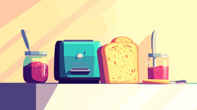 Artistic digital illustration of a breakfast scene with toaster, bread, jams, and utensils