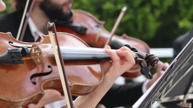 Macro shot of violin player fingers on a fingerboard with blurred background orchestra duet