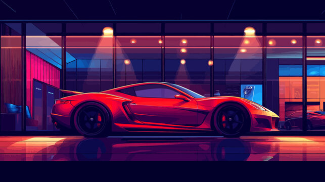 Sleek red sports car displayed inside modern showroom at night