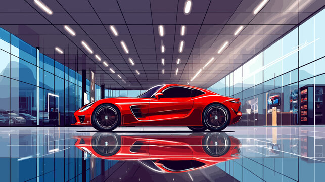 Sleek red sports car displayed inside a modern glass-clad showroom