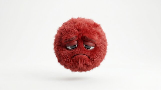 A disappointed red furry ball character floating on a white background, featuring sad eyes, realistic fur, and a discouraged expression.