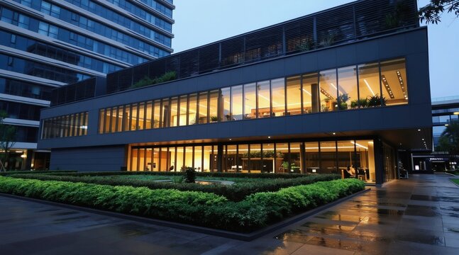 Modern office building exterior at dusk. Dark grey facade with large windows showing warm interior lights and plants. Landscaped garden in front with wet pavement reflecting lights.