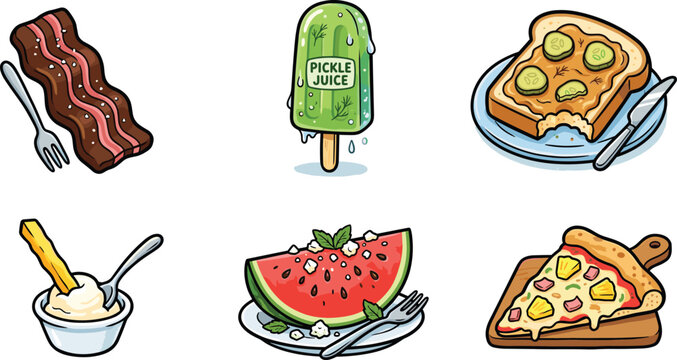 Quirky Food Icon Set with Bacon, Pickle Juice Popsicle, Avocado Toast, Dipping Sauce, Watermelon, and Pizza Slice Illustrations for Menus, Apps, and Graphic Design Projects