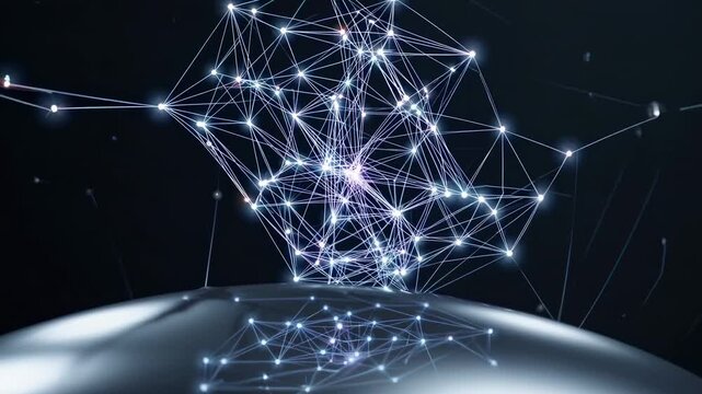 Abstract digital network structure with glowing nodes and connections emerging from a reflective surface, creating a dynamic visual effect in a dark environment