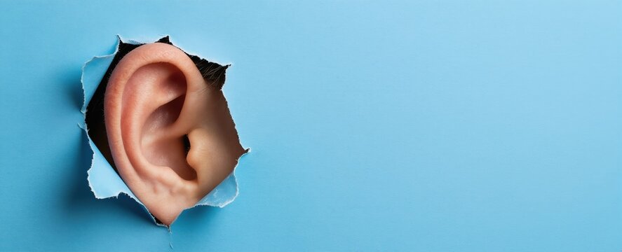 Human ear emerges from torn blue paper. Concept for eavesdropping spying or communication barriers. Focus on hearing and awareness. Curiosity and secrets are revealed.