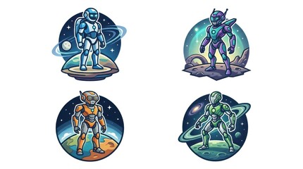 Fototapeta premium Group of four colorful robot characters in different sci-fi settings