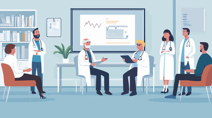 Fototapeta premium Medical team in discussion room with charts and digital data