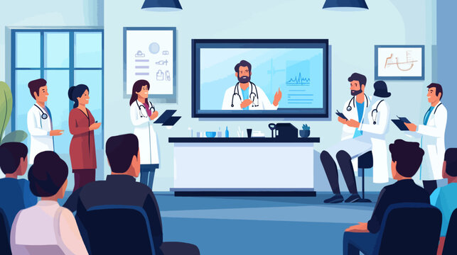 Medical team in conference room watching a virtual doctor presentation