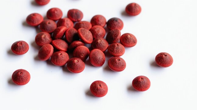 Pile of bright red annatto seeds scattered on a white surface. These seeds have irregular shapes and rough textures. They are natural and organic, offering a bold color.