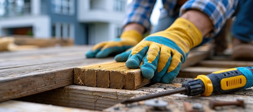 Gloved hands aligning composite deck planks on wooden frame outdoors