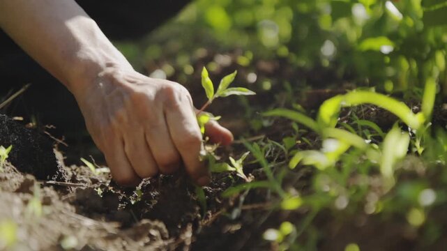 晴れた日に畑の雑草を手で抜く手元のアップ スーパースロー農作業映像