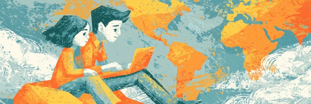modern, elegant postcard template features kids learning remotely with a world map background, minimal composition, and plenty of copy space