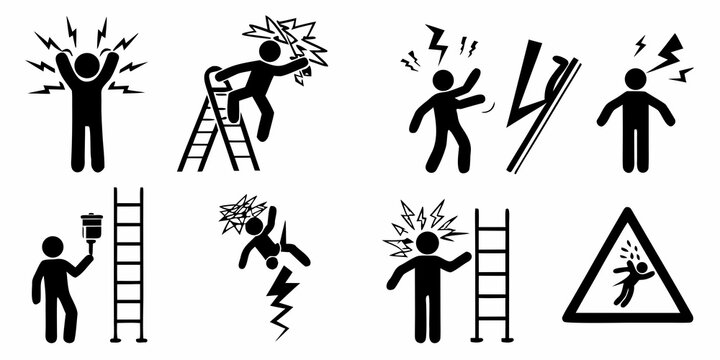 Electrical Hazard Icons Black Silhouette Set On White Background