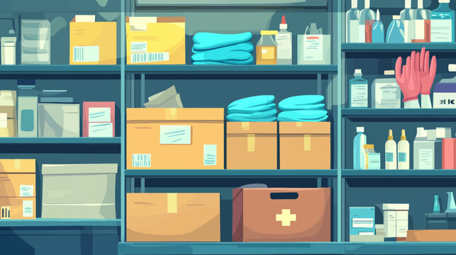 Organized medical supplies and medication bottles on shelves