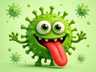 Fototapeta premium dreamy Funny green virus monster character with big eyes and a long red tongue sticking out on a light green background