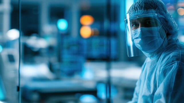 Healthcare worker in protective suit and face shield in modern hospital ward