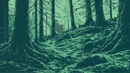 Obraz premium Mystical forest landscape vector illustrations set with enchanted gates, ancient trees, secret paths, and magic crystals