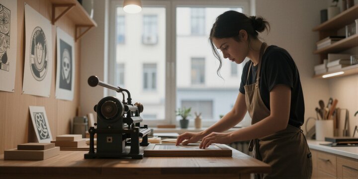 A woman in a well-lit home studio carefully adjusts a vintage printing press amidst art prints and tools, surrounded by the hum of city life outside through the large windows.