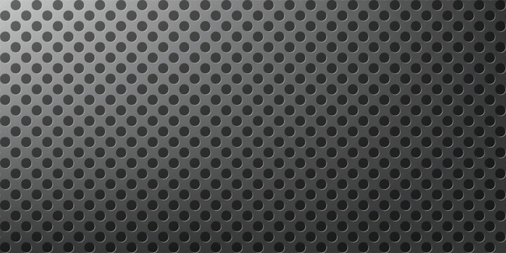 Perforated metal plate. Metal grill. Metal texture steel background. Perforated sheet metal. 3d shape titanium sheet. Circle mesh pattern background. Industrial texture. Steel speaker. Vector EPS10.