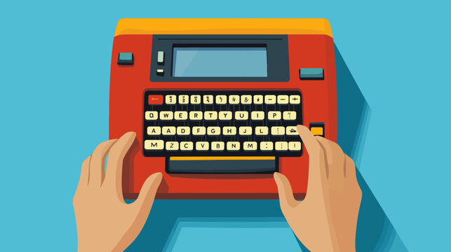 Vintage red and yellow typewriter with hands typing on keys