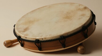 Obraz premium Bodhran frame drum rests on pale background. Natural hide head, wooden frame create earthy texture. Traditional Celtic percussion instrument laid flat, showing handcrafted design, simple beauty.