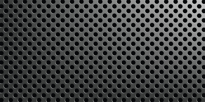 Perforated metal plate. Metal grill. Metal texture steel background. Perforated sheet metal. 3d shape titanium sheet. Circle mesh pattern background. Industrial texture. Steel speaker. Vector EPS10.