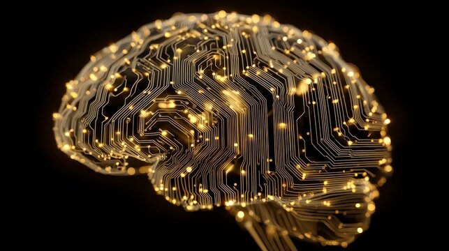 Golden circuit board brain with glowing connections on black background