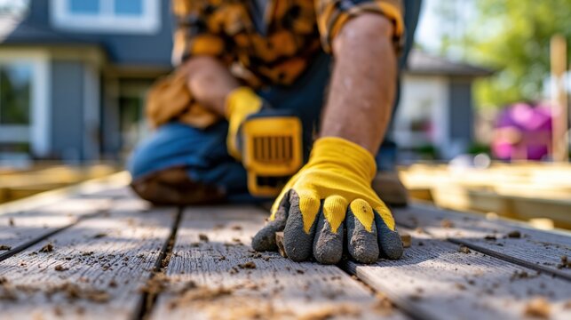 Worker fastening composite deck boards to timber frame in modern backyard