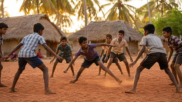 Indian children playing traditional Tamil village games at golden hour dusk in rural South India, authentic cultural lifestyle and childhood photography