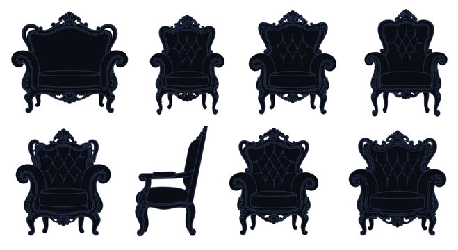 Collection of Vintage Black Armchairs and Thrones on White Background