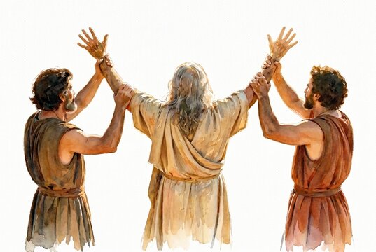 Watercolor illustration of Aaron and Hur holding up the weary arms of Moses. Biblical concept of prayer, teamwork and support. Isolated on a white background with copy space. Generative AI
