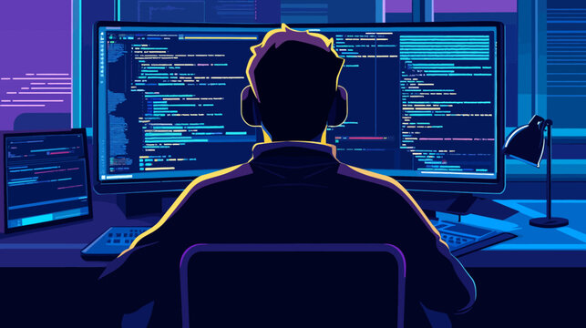 Person in a dark room working on multiple computer screens with code