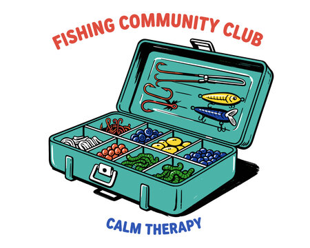 Fishing community club artwork. Calm therapy vintage tackle box design. Fishing gear for t shirt. Outdoor adventure print. Lure and bait vector.