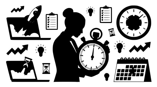 Business woman managing time effectively with stopwatch flat black silhouette icon set deadline and productivity vector illustration