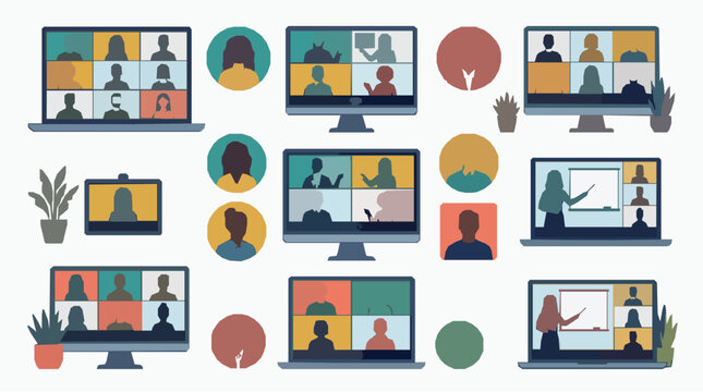 Online video conference business meeting remote work team webinar and distance education digital communication flat vector illustration