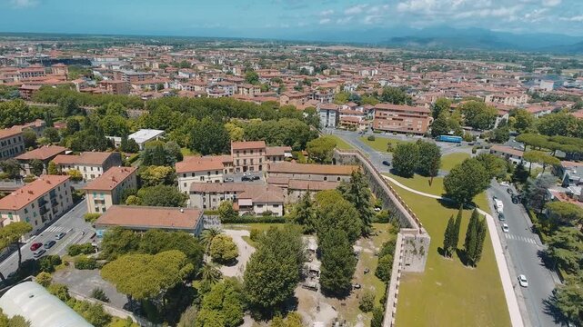 Aerial view of Pisa from ancient city walls, Tuscany. Slow motion