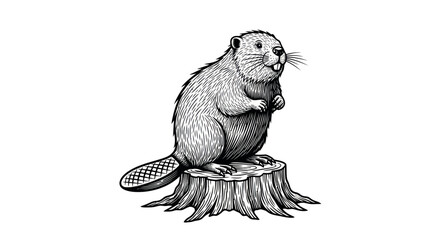 Beaver sitting on a tree stump, black and white drawing, vintage illustration © siti