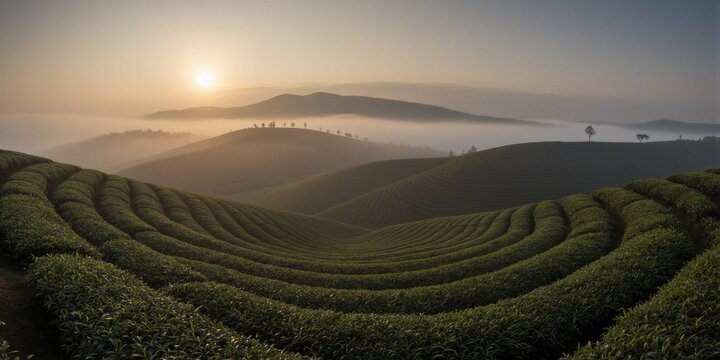 A serene tea plantation at sunrise, with rows of Camellia sinensis plants arranged in undulating patterns across rolling hills.