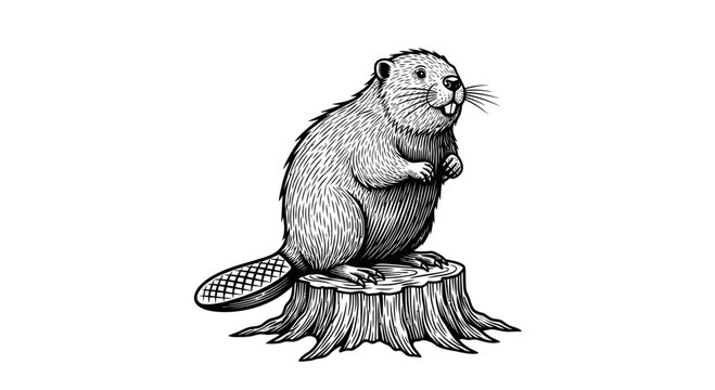Beaver sitting on a tree stump, black and white drawing, vintage illustration