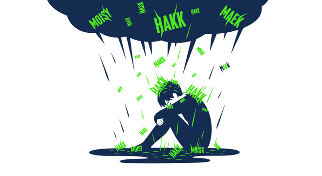 Sad Person Crying Under Dark Cloud with Words Falling