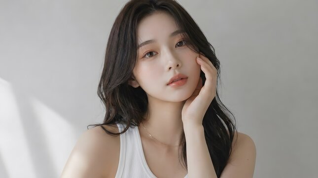 おしゃれなカットモデル女性の自然光ポートレート　韓国風ヘアメイク