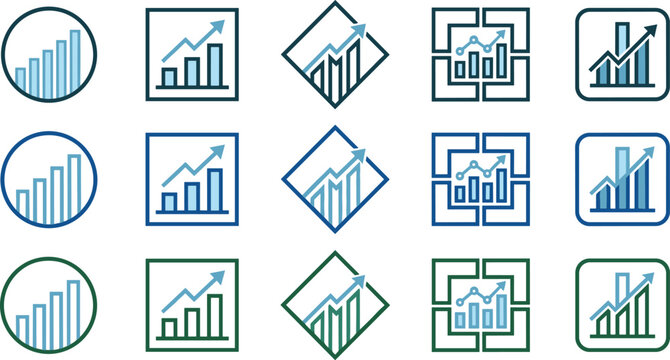 Business growth and analytics icon collection vector illustration featuring financial charts performance metrics progress tracking and corporate reporting symbols