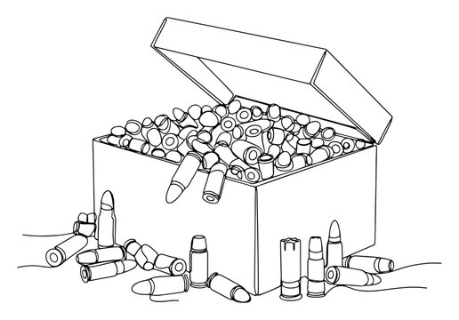 Box full of ammunition with bullets and shotgun shells scattered on the floor in single line art style