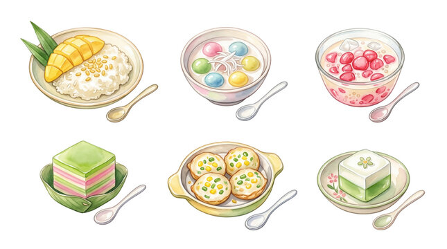 Watercolor Thai Desserts Made with Coconut Milk Clipart Set Featuring Mango Sticky Rice Khanom Chan Bua Loy Tub Tim Krob and Traditional Thai Coconut Sweets Isolated PNG Transparent Background