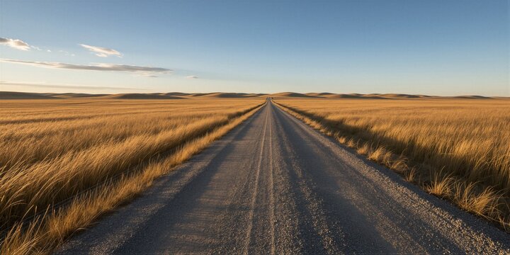 A winding gravel path disappears into the endless expanse of sun-kissed grasslands, surrounded by towering golden-brown stalks that sway gently in the breeze.