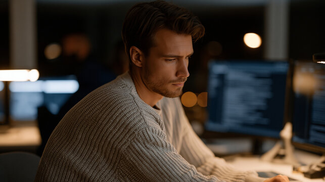 Threat intelligence analyst cross-referencing dark web forum excerpts with corporate asset database in windowless security operations center, dual monitors displaying anonymized attacker communicati