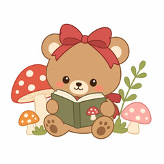 Cute Teddy Bear Reading Book Among Enchanted Mushrooms © Lusi