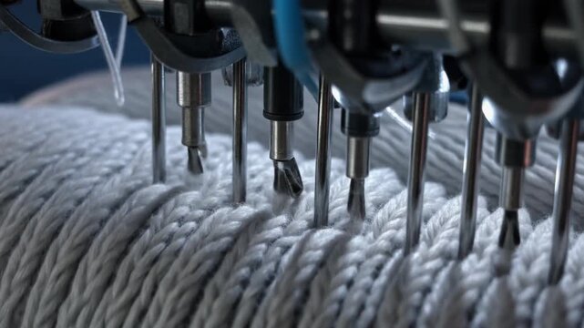 Industrial Embroidery Machine Stitching Intricate Patterns On Thick White Fabric For Textile
