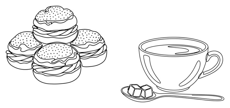 Cream puffs choux pastry stacked next to cup of hot tea and sugar cubes on spoon in line art style